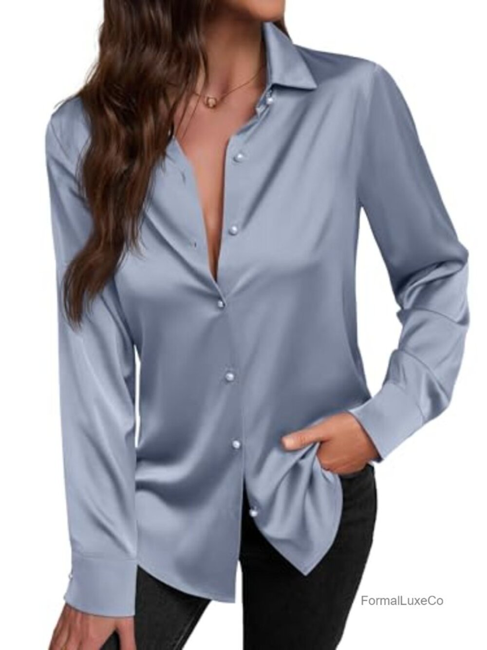 Satin Button Down Shirt V-Neck Long Sleeve Silky Blouse Business Office Top